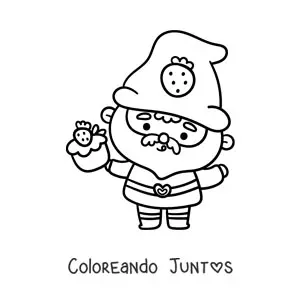 Imagen para colorear de gnomo kawaii con un cupcake de fresa