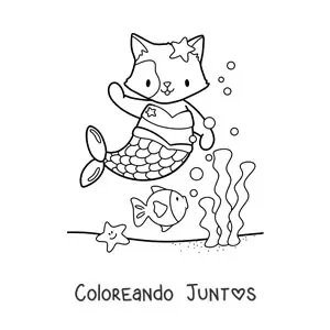 Imagen para colorear de gato sirena kawaii en el mar