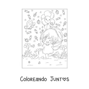 Imagen para colorear de niña hada kawaii en bosque mágico estilo anime