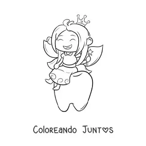 Imagen para colorear de hada de los dientes kawaii sentada en un diente