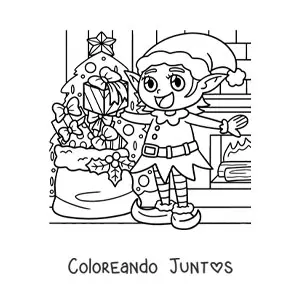 Imagen para colorear de duende navideño con regalos junto al árbol
