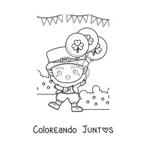 Imagen para colorear de duende kawaii con globos de trébol