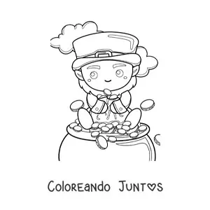 Imagen para colorear de duende kawaii sentado en su olla de oro