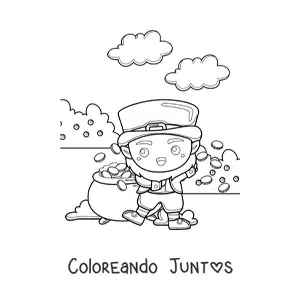 Imagen para colorear de duende kawaii junto a su olla de oro
