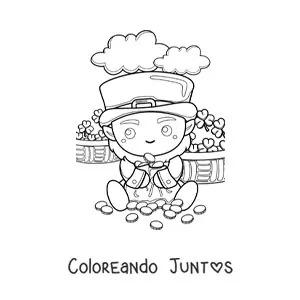 Imagen para colorear de duende de la suerte kawaii con oro y tréboles