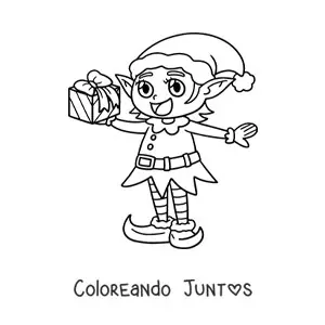 Imagen para colorear de duende mágico de Navidad con regalo