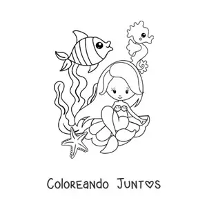 Imagen para colorear de sirena kawaii sentada en una concha marina con peces