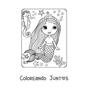 Imagen para colorear de princesa sirena kawaii nadando con un caballito de mar