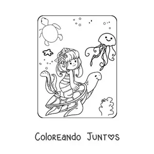 Imagen para colorear de princesa sirena kawaii nadando con una tortuga marina