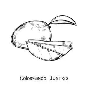 Imagen para colorear de un mango rebanado y un mango completo en el fondo
