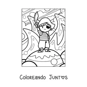 Imagen para colorear de niño pirata animado con espada en una isla