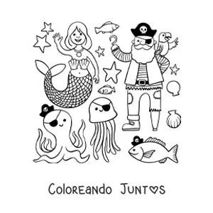 Imagen para colorear de pirata animado con sirena y animales