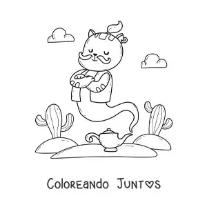 Imagen para colorear de gato genio kawaii animado saliendo de la lámpara