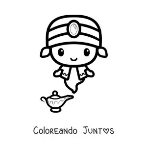Imagen para colorear de genio kawaii fácil saliendo de la lámpara