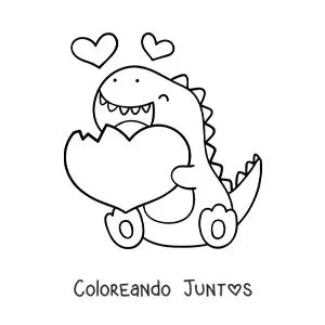 Imagen para colorear de tiranosaurio rex kawaii con un corazón