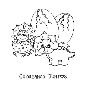 Imagen para colorear de triceratops animado con su bebé saliendo del huevo