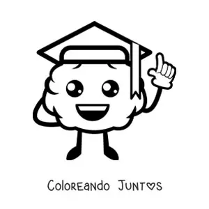 Imagen para colorear de cerebro kawaii animado con birrete