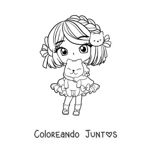 Imagen para colorear de chica kawaii chibi con un gato