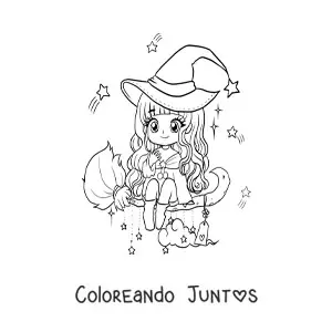 Imagen para colorear de bruja kawaii chibi volando en su escoba