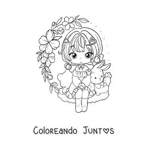 Imagen para colorear de chica anime chibi sentada con flores y un conejo