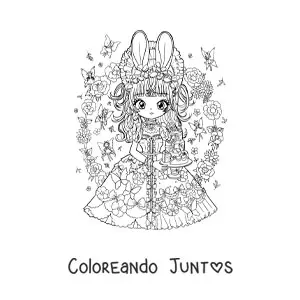 Imagen para colorear de chica anime chibi con orejas de conejo y un pastel