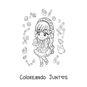 Imagen para colorear de chica anime chibi con un cupcake
