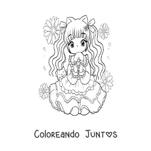 Imagen para colorear de chica anime chibi con un gatito y un cupcake