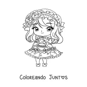 Imagen para colorear de chica anime chibi con un vestido y una carta