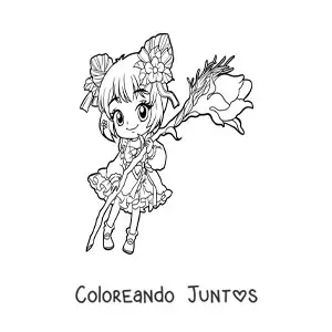 Imagen para colorear de chica anime chibi pequeña con una rosa