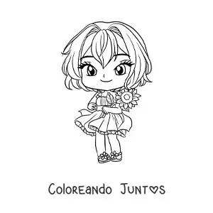 Imagen para colorear de chica anime chibi con lindo vestido y una flor en su mano