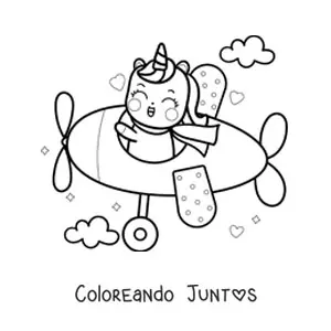 Imagen para colorear de un unicornio kawaii volando un avión con nubes y corazones de fondo