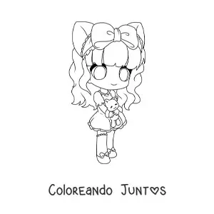 Imagen para colorear de chica chibi con orejas de neko y un peluche de oso