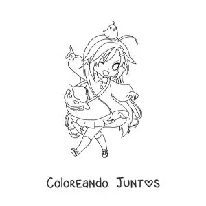 Imagen para colorear de chica chibi con hermoso vestido y un pollito