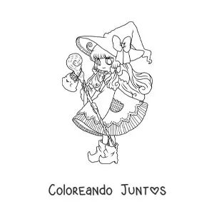 Imagen para colorear de chica chibi con disfraz de bruja en Halloween