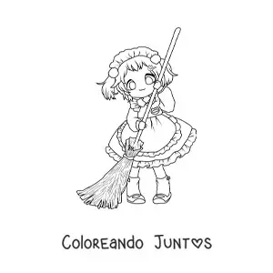 Imagen para colorear de chica chibi barriendo