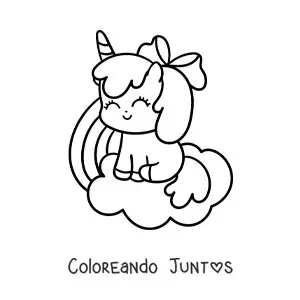 Imagen para colorear de unicornio kawaii animado sentado en una nube con arcoíris