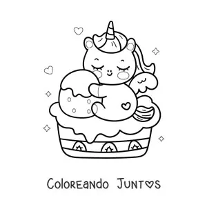 Unicornio kawaii animado sentado en un pastel de fresa