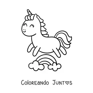 Imagen para colorear de unicornio kawaii animado saltando sobre un arcoíris