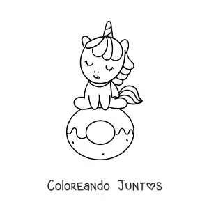 Imagen para colorear de unicornio kawaii animado sentado en una dona