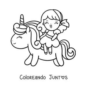 Imagen para colorear de niña kawaii montando un unicornio tierno animado