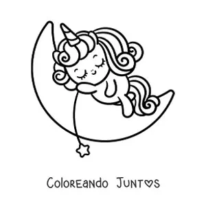 Imagen para colorear de unicornio tierno animado durmiendo en la luna