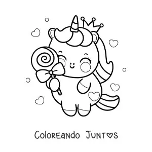 Imagen para colorear de unicornio kawaii con un dulce y corazones