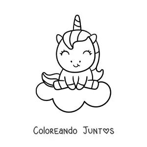 Imagen para colorear de unicornio kawaii sentado en una nube