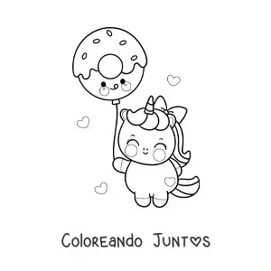 Imagen para colorear de unicornio kawaii con un globo de dona