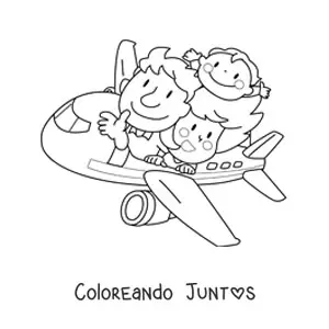 Imagen para colorear de una familia viajando en un avión