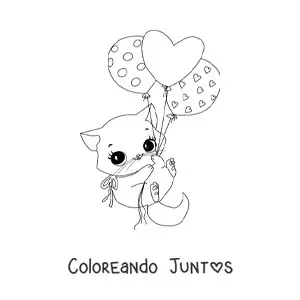 Imagen para colorear de gato kawaii con globos de corazones