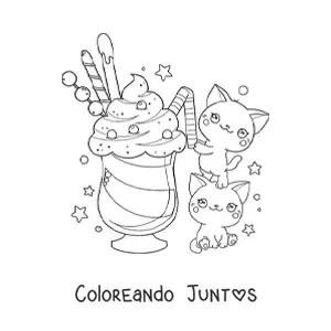 Imagen para colorear de pareja de gatos kawaii tomando un helado