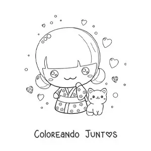 Imagen para colorear de chica japonesa chibi con un gato kawaii