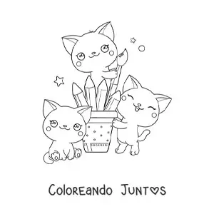 Imagen para colorear de gatos kawaii con pinceles y materiales de dibujo