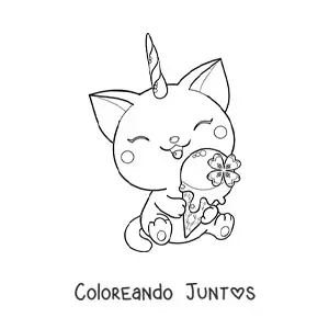 Imagen para colorear de gaticornio kawaii sentado comiendo un helado